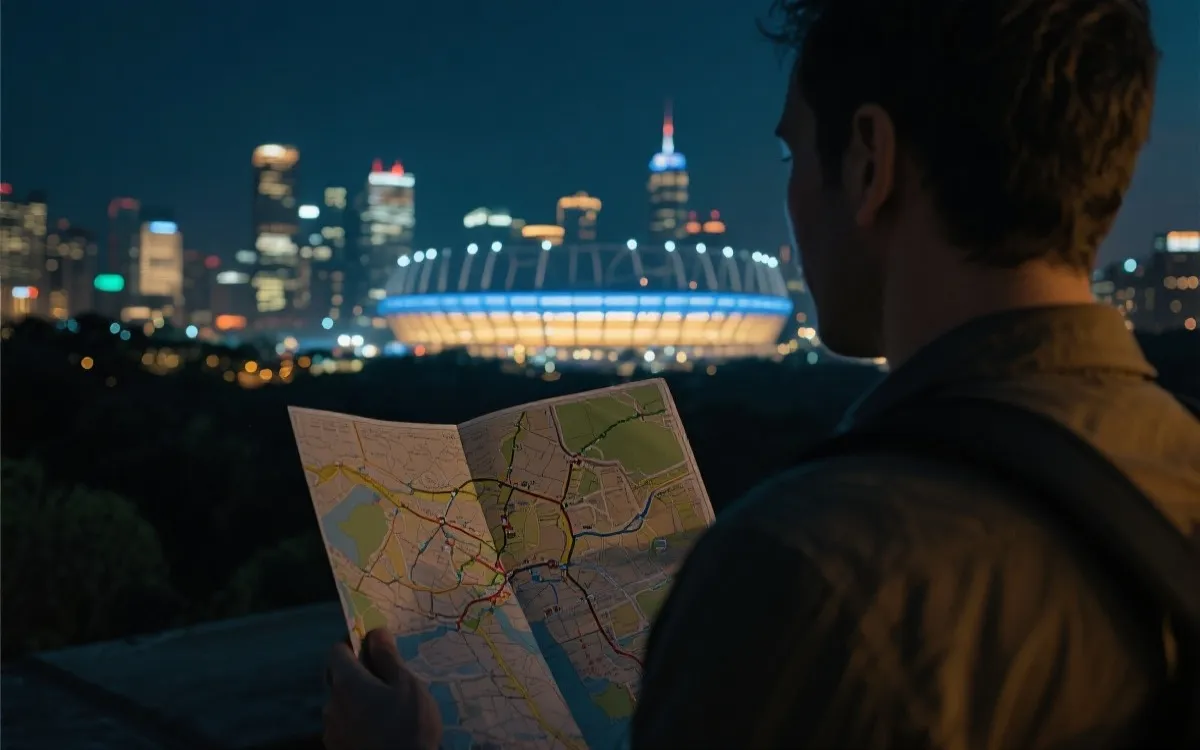 北美城市夜景与球场氛围,旅行者在地图上规划多城路线